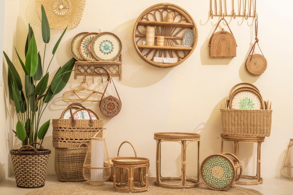 An earthy, bohemian living room with rattan and warm tones