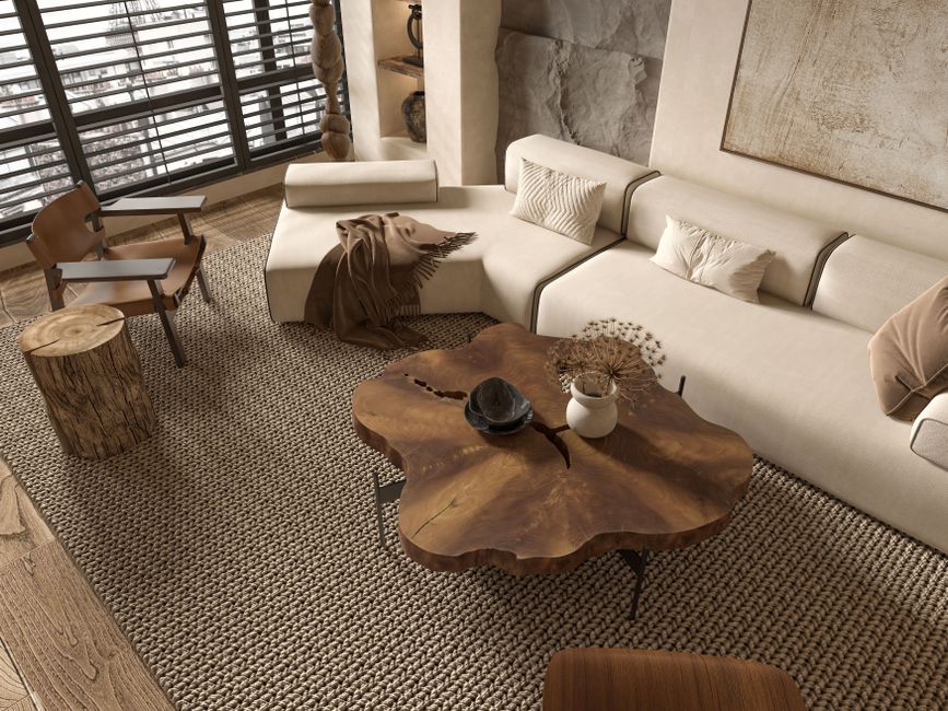 A warm neutral living room layered with textures