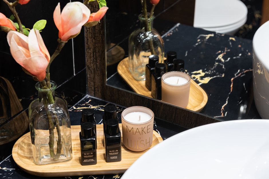 bathroom counter organization tray styling