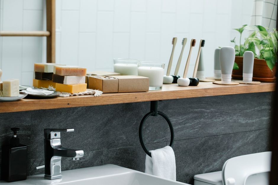 small bathroom decor shelf styling with greenery