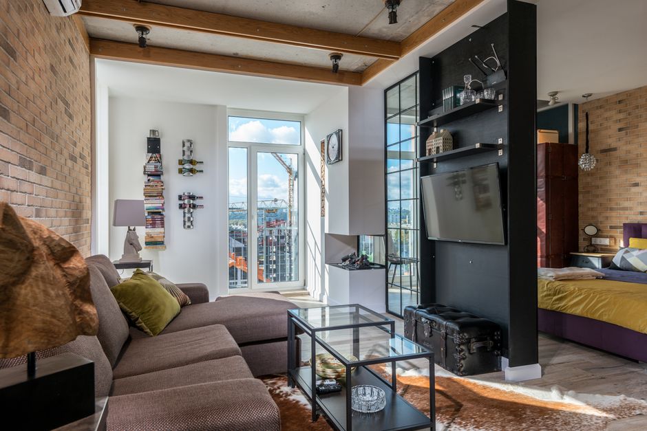 Studio apartment divided into distinct living and sleeping zones