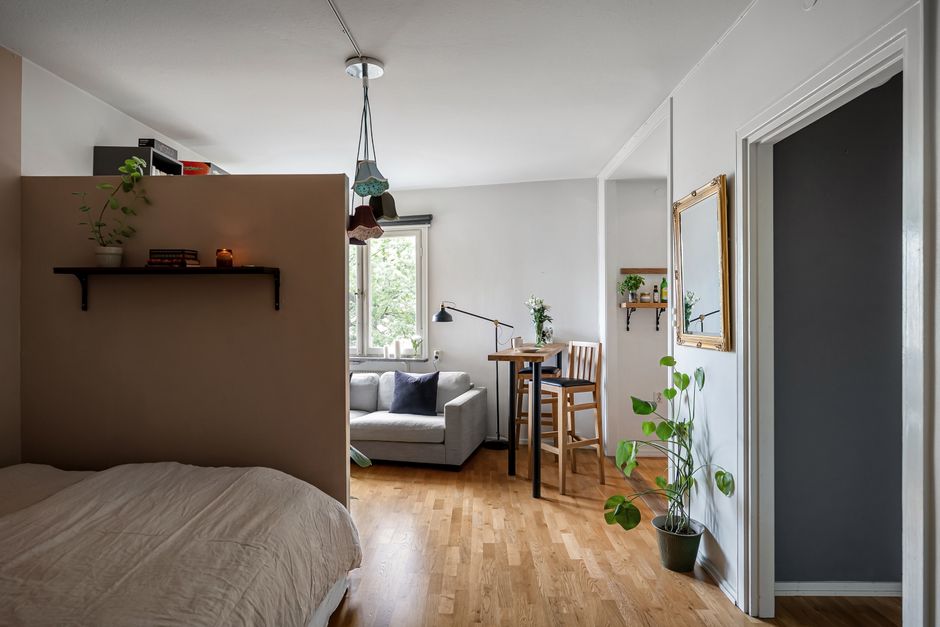 Sofa placed to divide a studio apartment's living and sleeping areas