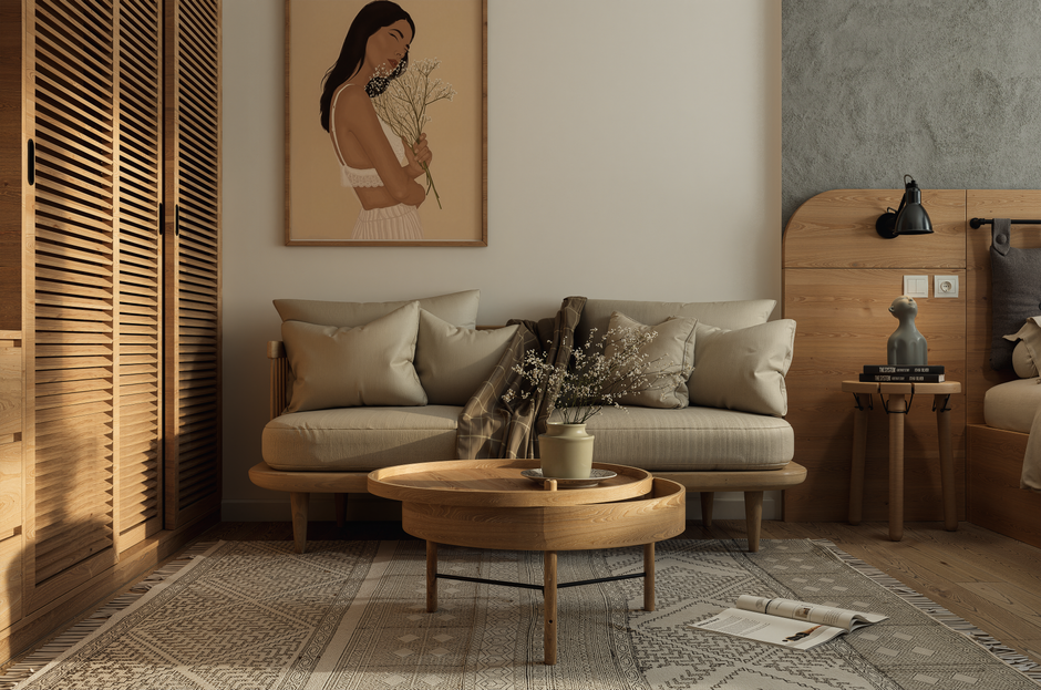 Solid wood furniture and warm neutral textiles in a minimalist bedroom
