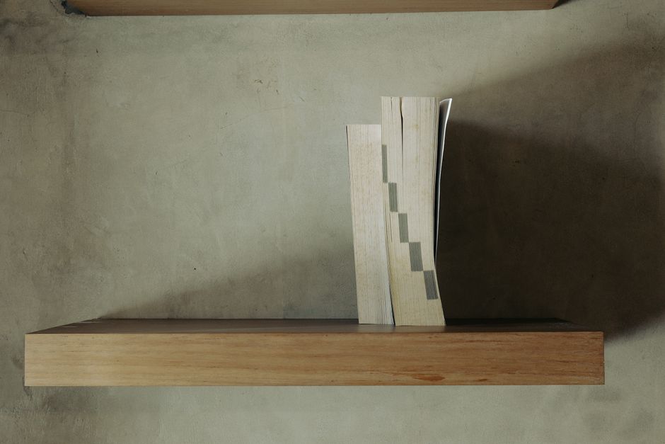 Floating shelves styled with books, small plants, and decor objects