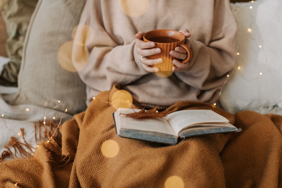 She shed reading corner with string lights, a cozy chair, and a small side table
